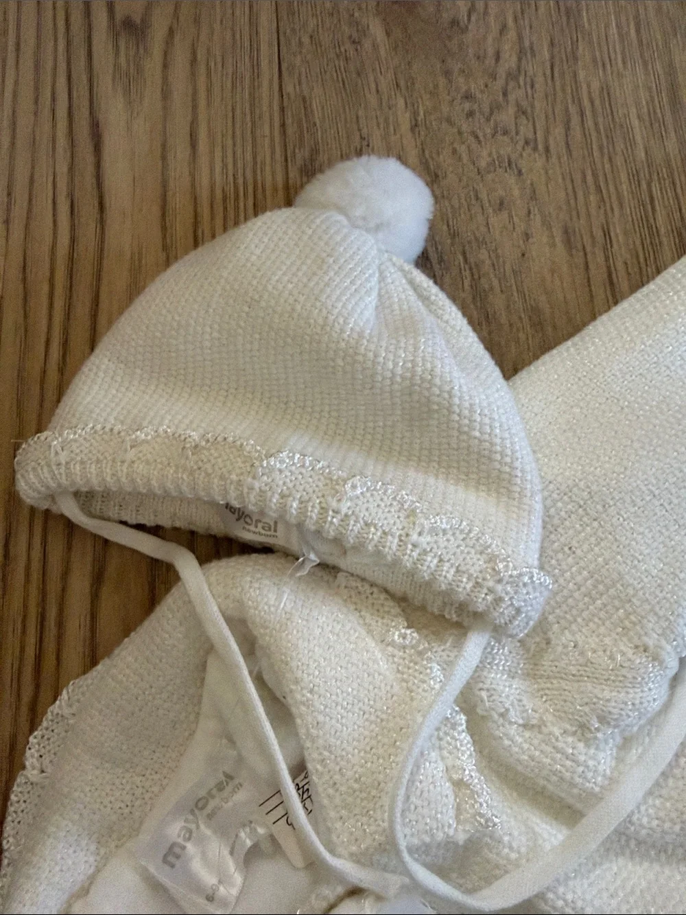 Mayoral Cream Knit Baby Coat with Pom Pom Hood